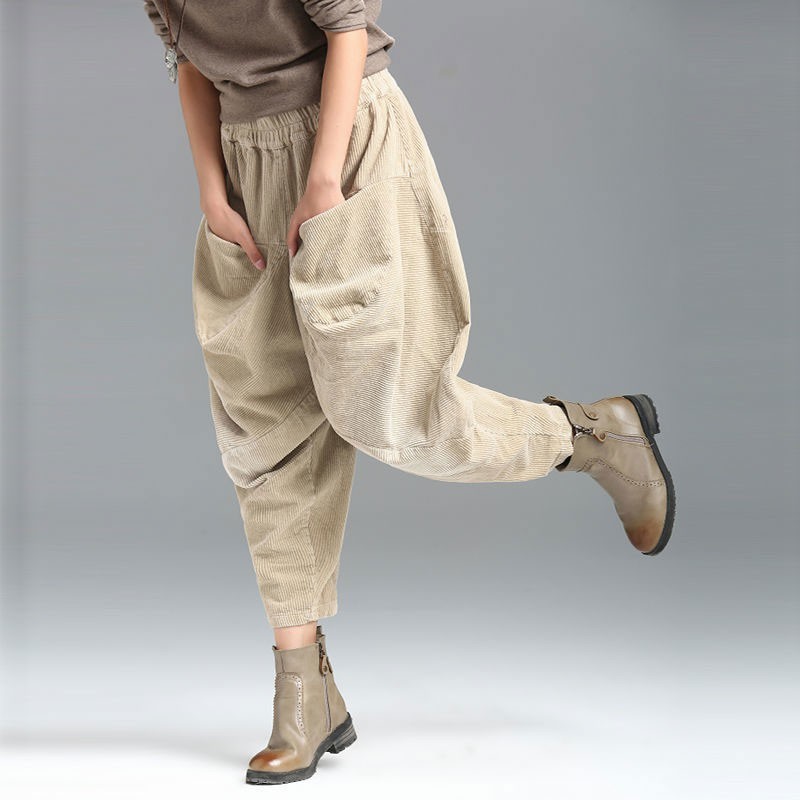 Spring Autumn Arts Style Women Elastic Waist Loose Cotton Corduroy Pants Plus Size Femme Vintage Harem V43 210512