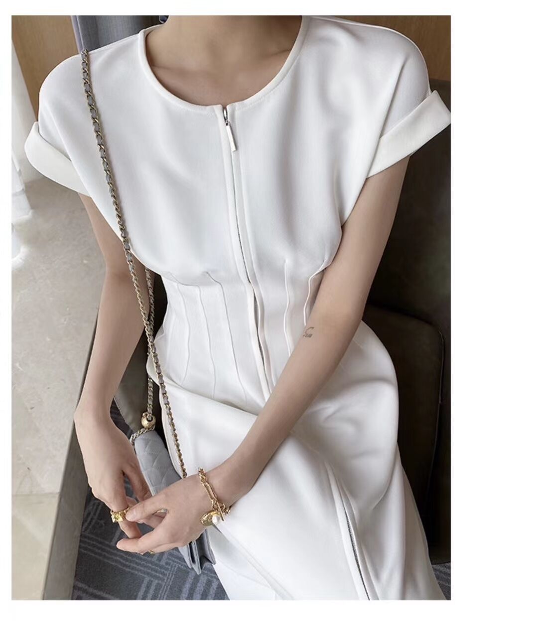 Elegant O-neck Short Sleeve Front Zipper Female Midi Dress Office Ladies Slim Waist Split Women Workwear 210429