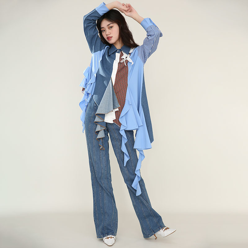 [EAM] Women Tassel Denim Asymmetrical Long Blouse Lapel Long Sleeve Loose Fit Shirt Fashion Spring Autumn 1DD420805 21512