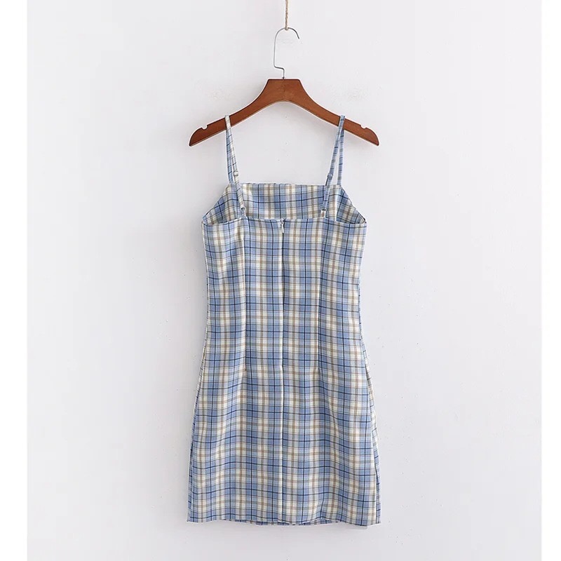 Women BLUE White Gingham Check Plaid Spaghetti Strap Mini Dress Girl's Slash Collar Slim Waist Sling Short Dresses Vintage 210429