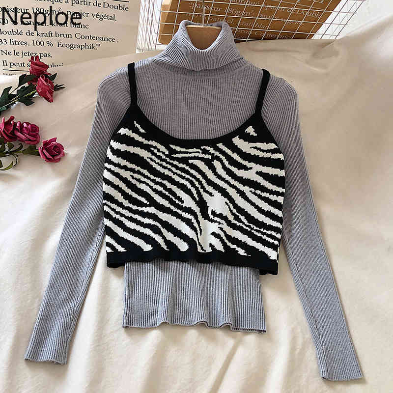Neploe Two Piece Outfits for Women Korean Fashion All-match Suit Knitted Pullover Zebra Stripe Sling Fall Clothes 2 Piece Set 210422
