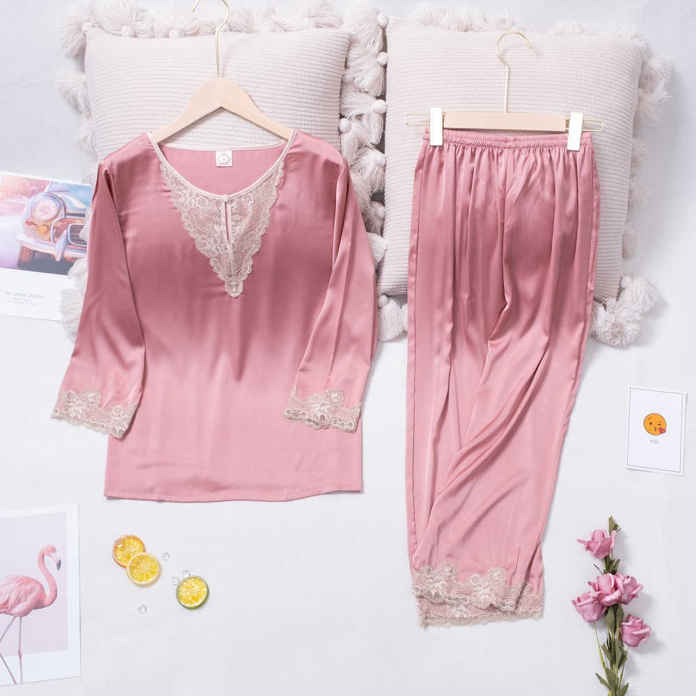 Lisacmvpnel Hollow Out Lace Sexy Ice Silk Pyjamas Women Long Sleeve Suit Pajamas 211007
