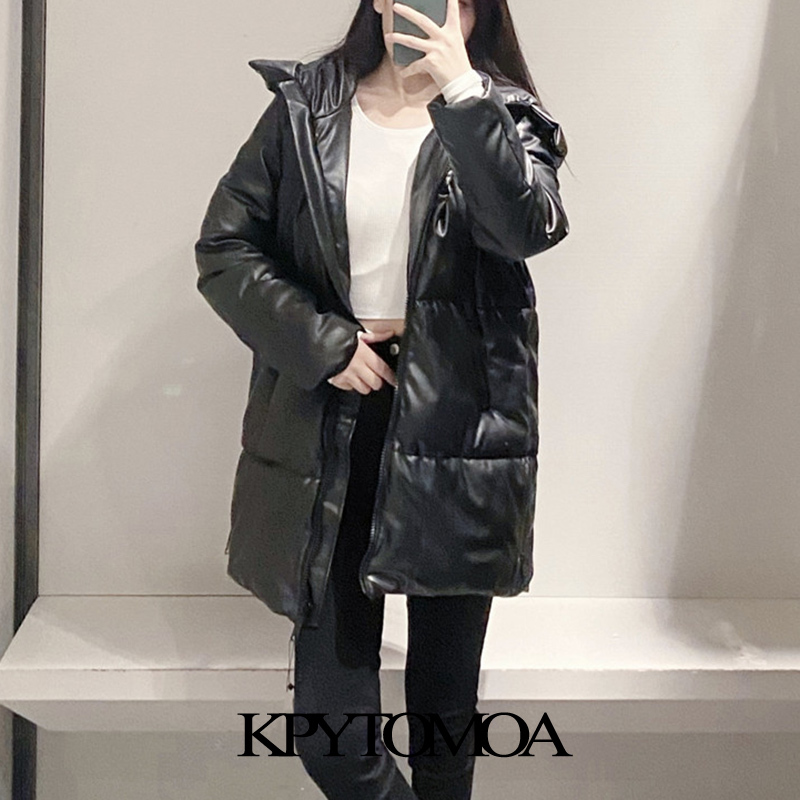 Women Fashion Thick Warm Winter Faux Leather Parkas Coat Hooded Long Sleeve Female Outerwear Chic Overcoat 210420