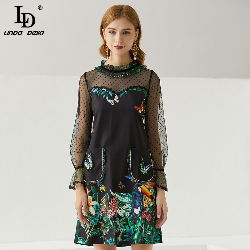 Summer Fashion Runway Vintage Dress Women Mesh Long Sleeve Embroidered Floral Print A Line Mini Dresses 210522