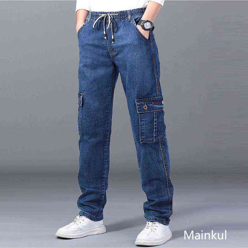 Men's High Waist Jeans Straight Large Size Dinem Trouser Male Black Jeans Side Multi Pocket Blue Loose Elastic Band Cargo Pants 211120