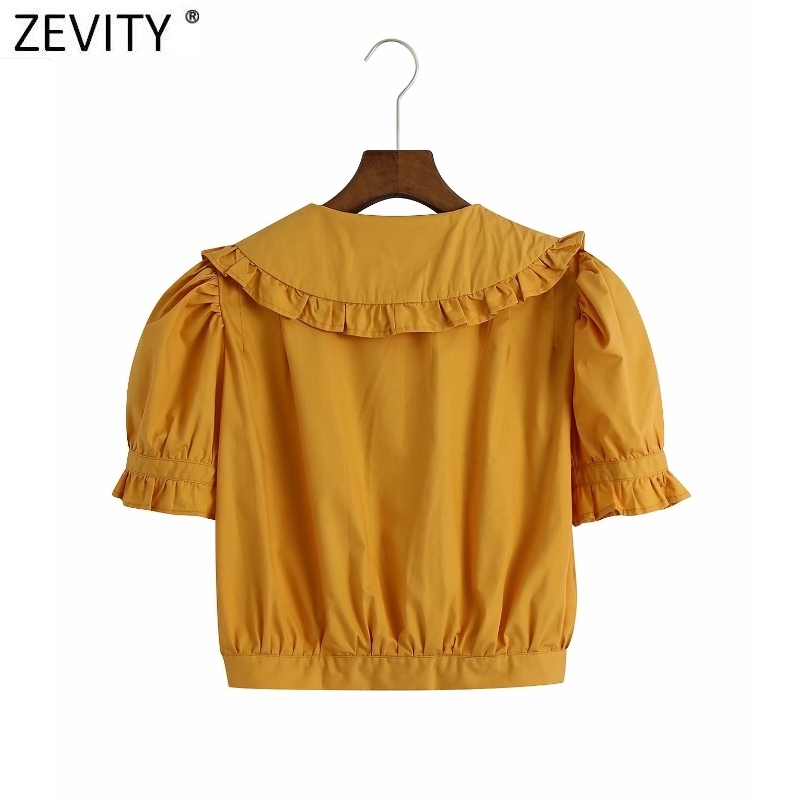 Women Sweet Agaric Lace Peter Pan Collar Solid Short Shirt Female Puff Sleeve French Style Blouse Roupas Chic Tops LS9197 210420