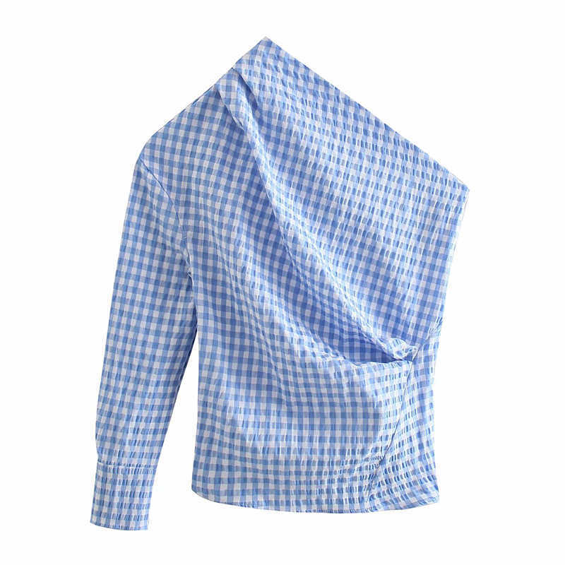 Women Stylish One Shoulder Blue Plaid Shirts Summer Fashion Ladies Vintage Slim Button Tops Y2K Girls Chic Shirt Cute 210527