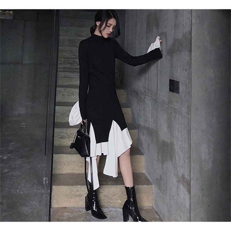 Autumn fashion Knitting Dress Female Flare Long Sleeve Turtleneck Patchwork Ruffle Hem Irregular Women's Dresses Robe 210519