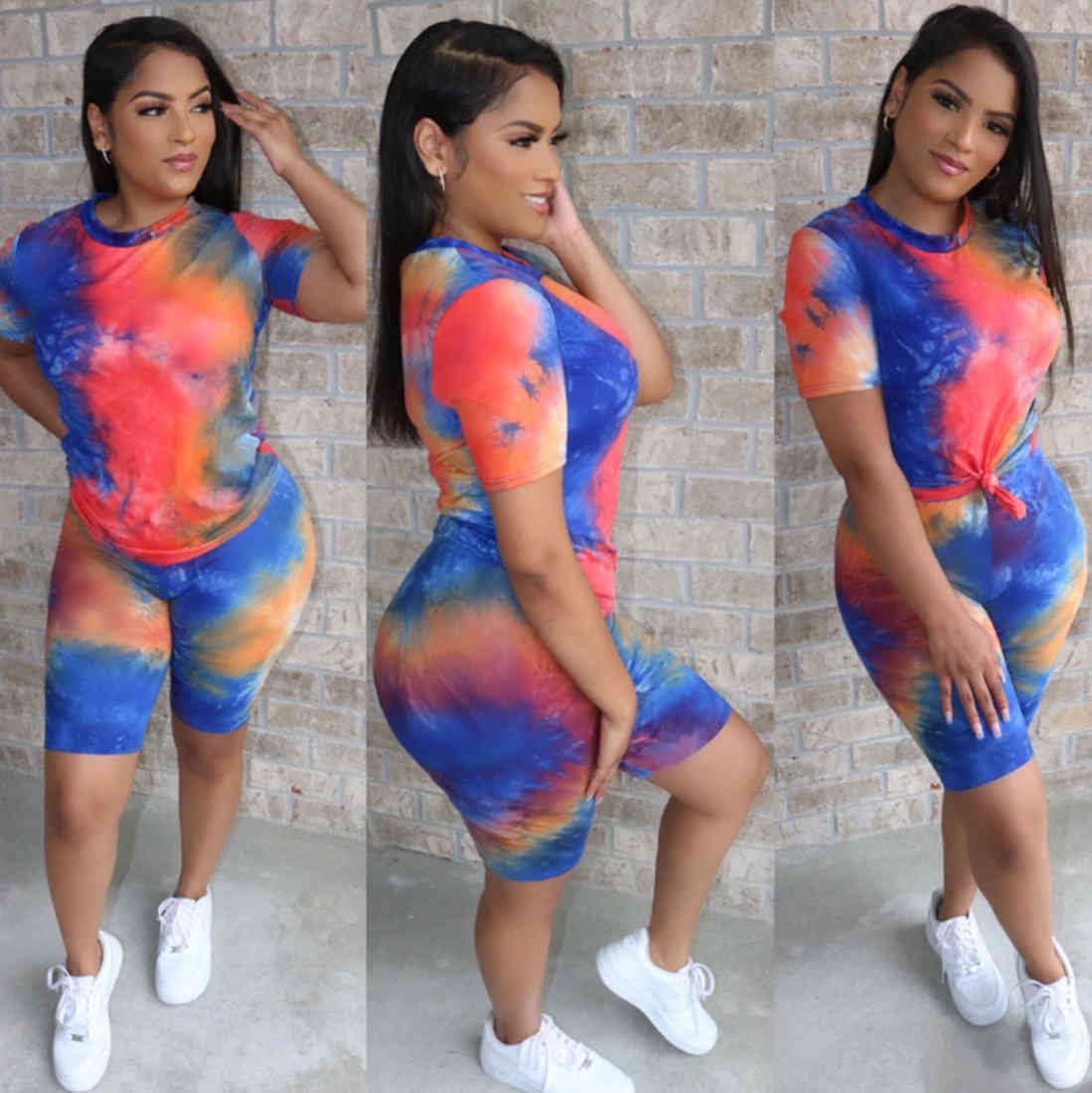 Designers Clothes 2023 women tracksuits sport suits fashion tie dye printing simple summer suit loose home two piece set