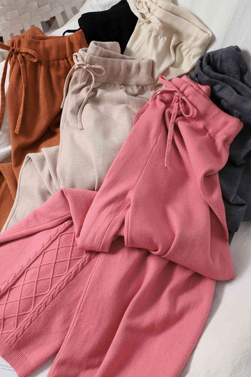 Knitted Casual Harem Pants Fall Clothes Bottoms Solid High Waist Trousers Streetwear Pocket Straight Sweatpants 210422