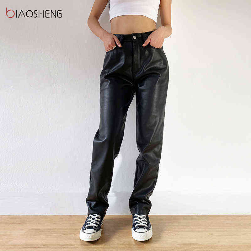 Cargo Pants Women Black Faux Leather High Waist Pockets Fashion Sexy Straight Trousers Streetwear 211115