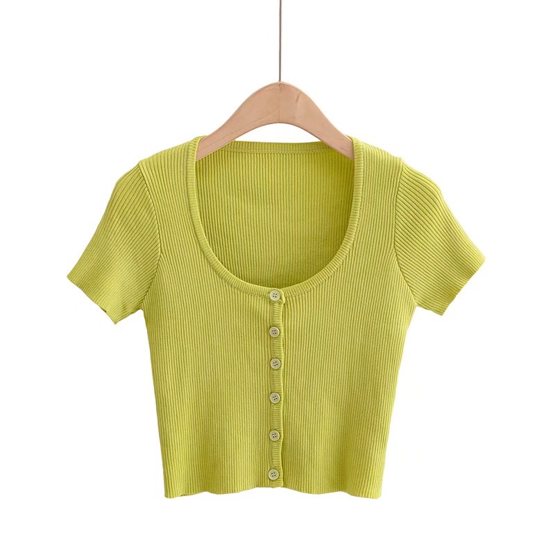 AA Single breasted Buttons O neck Short sleeve Sweater Women Knitted Tight Cardigan Front Slit Slim Cropped 6 color 210429