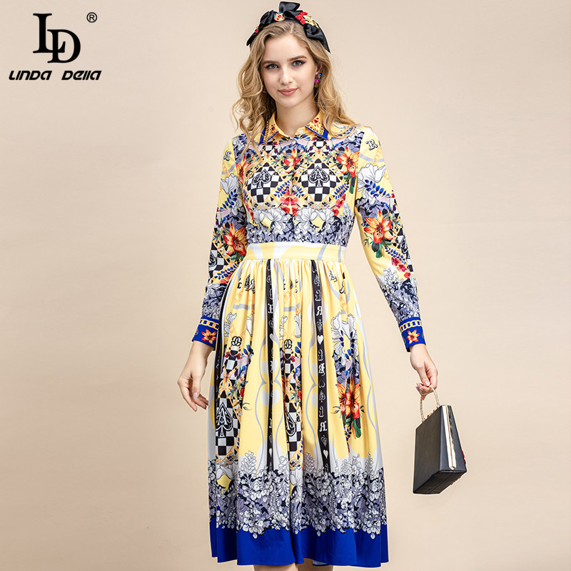 Summer Fashion Runway Vintage Party Dress Women's Long sleeve High waist Floral print Pleated Midi 210522