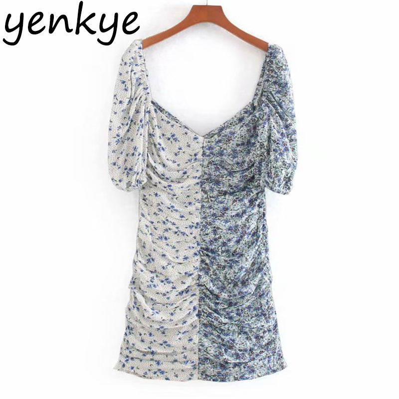 Summer Women Vintage Patchwork Floral Print Dress Sexy V Neck Short Sleeve Draped Bodycon Chiffon Dress mini vestidos 210515