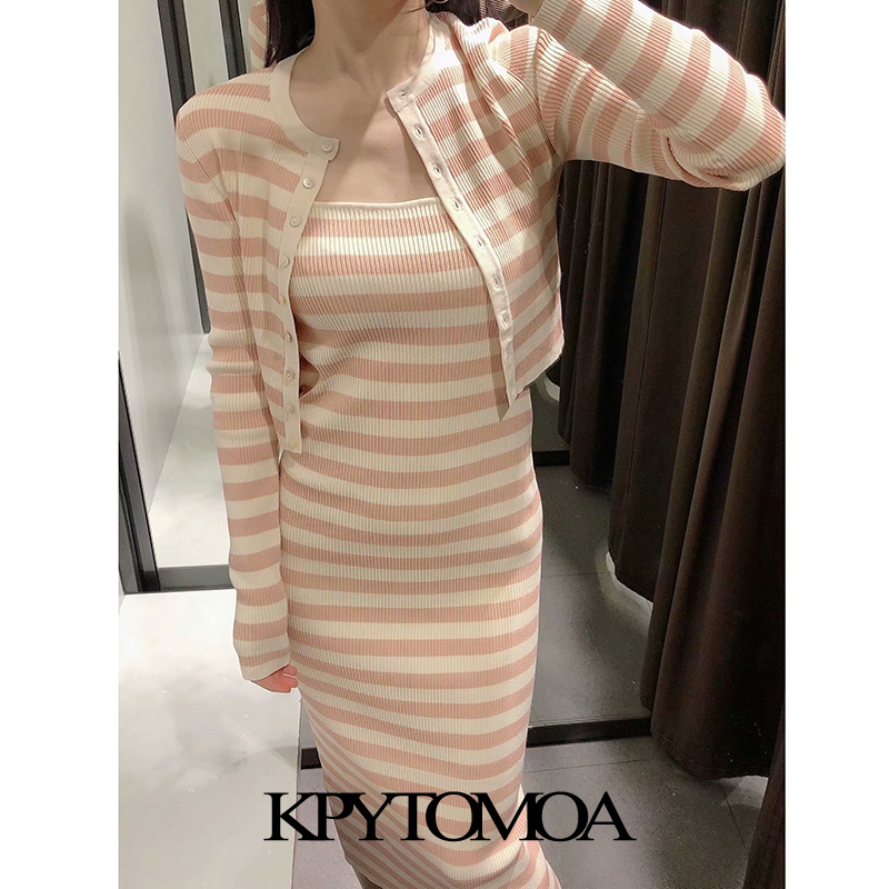 Women Fashion Striped Cropped Knitted Cardigan Sweater O Neck Long Sleeve Female Outerwear Chic Tops 210420
