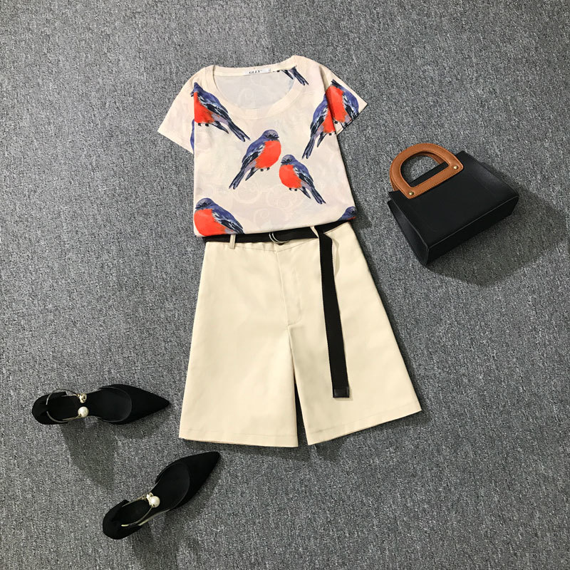 Women Summer Casual 2 piece set Vintage Print Ladies Short Sleeve Slim T-Shirt + Fashion Shorts Pants Suits Female 210506