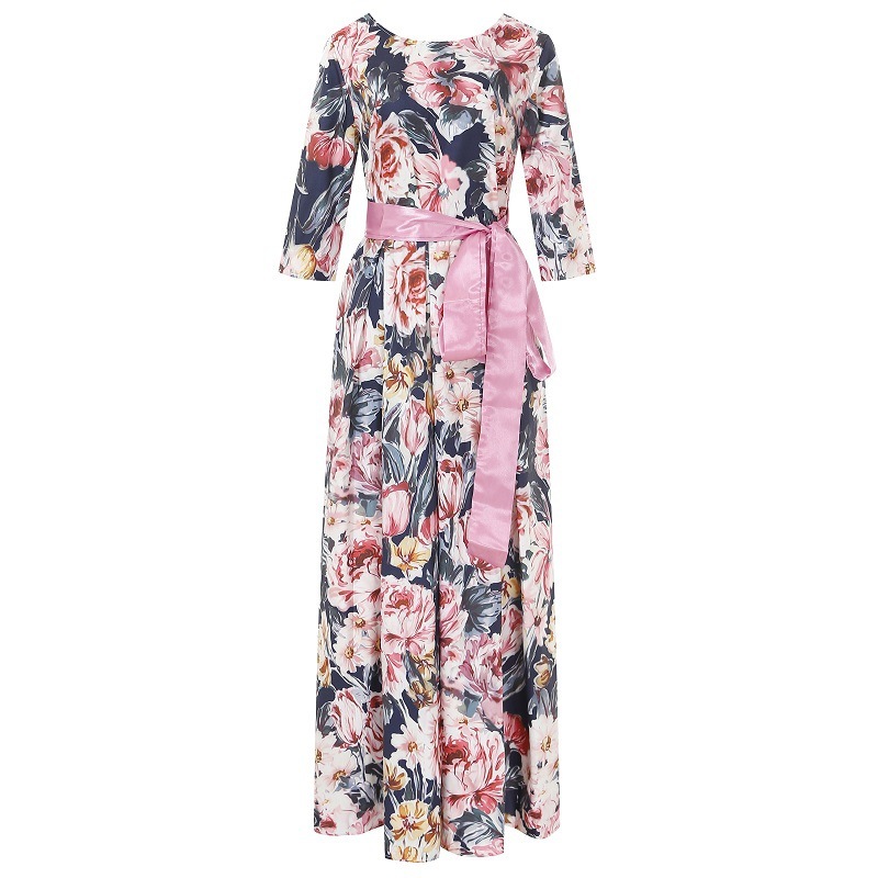 Women Dress Printed Lace Up Bohemia Sexy Long Print Floral Maxi es High Waist Big Hem Ball Gown Autumn Winter 210524