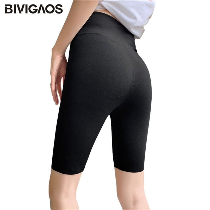 BIVIGAOS Summer Sharkskin Fabric Biker Shorts Women's Thin Black Cycling Slim Skinny Sport High Waist Fitness 210714