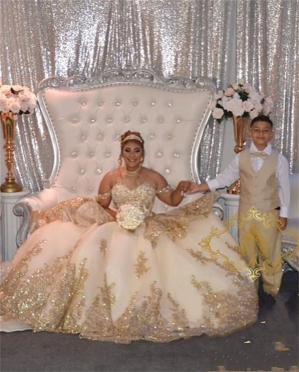 Princess Champagne gold Quinceanera Dresses High Off Shoulder Applique Beading Sweet 16 Dress Pageant Gowns vestidos de 15 años