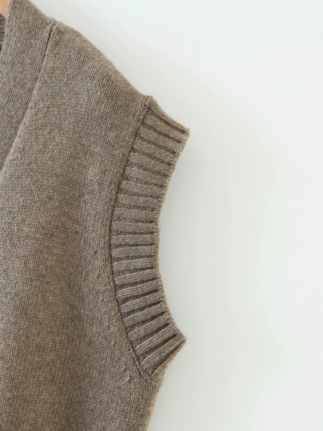 Autumn Vintage Khaki Sleeveless Knitted Cardigan Women Korean Clothing Loose Pocket V Neck Sweater Vest Boyfriend Style Knitwear 210429