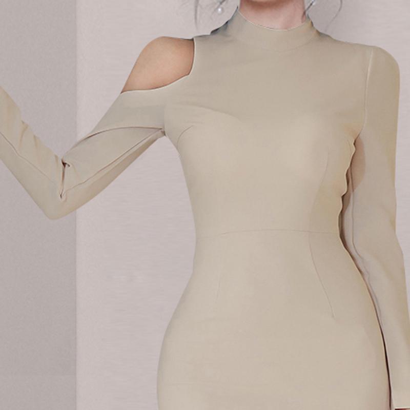 Lucyever Fashion Stand Collar Party Dress Womens Sexy Off Shoulder Slim Dresses Woman 2021 Elegant Slit Apricot Femme Casual