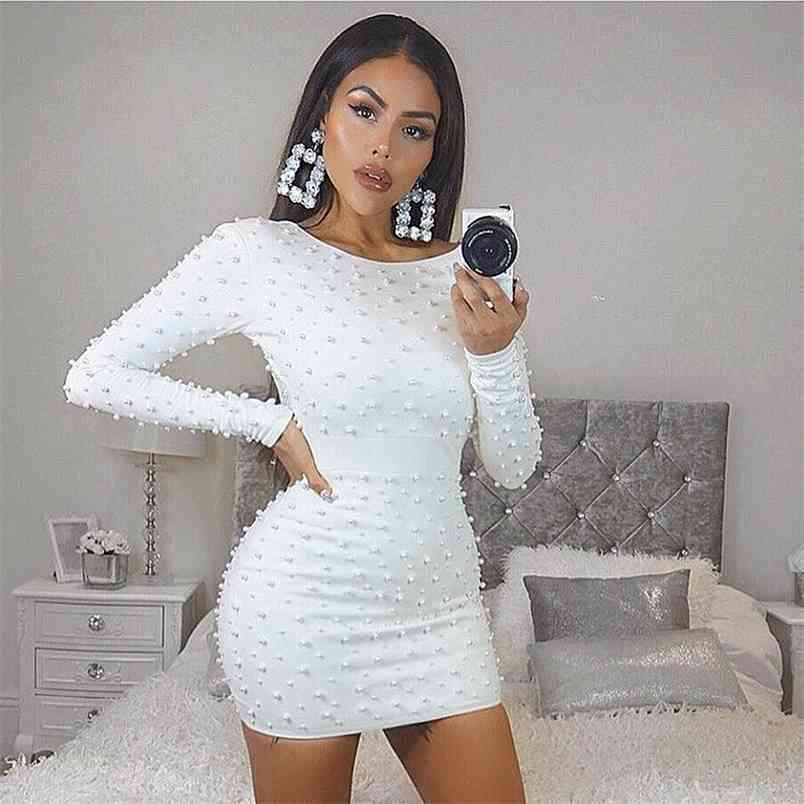 Free Autumn White Beaded Dresses Women O-neck Long Sleeve Sexy Bodycon Mini Dress Party Club Vestidos 210524