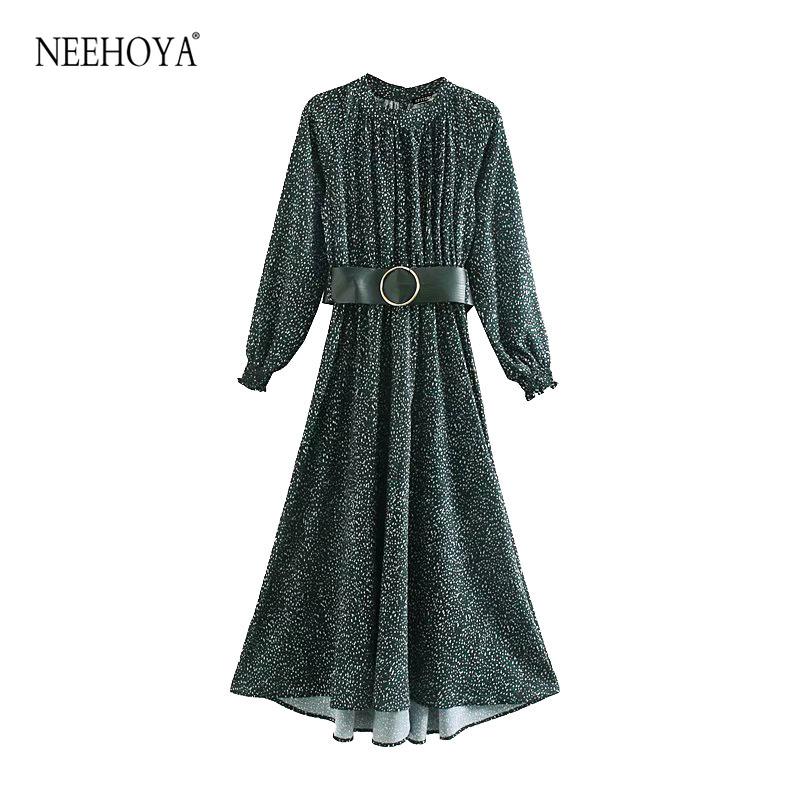 Women 2021 Chic Fashion Printed With Belt Maxi Dress Vintage Stand Collar Long Sleeve Female Dresses Vestidos Mujer Casual