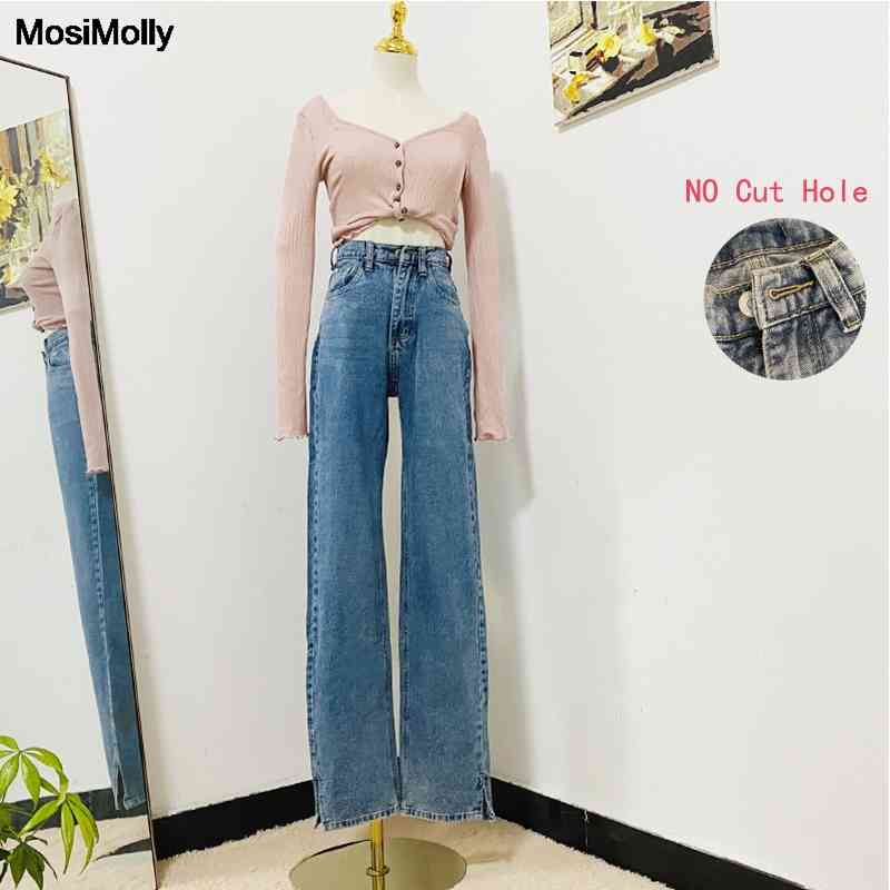 MosiMolly Washed Denim Pants Jeans Women Boyfriend Jeans Casual Pants Split Long Pants Bottom Black Jeans 210616