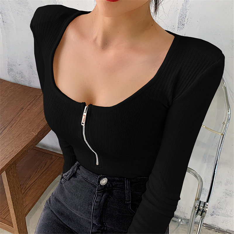 Slim All Match Women Autumn Tops Square Collar High Street T-shirt Sexy Solid Female Chic Basic 210421