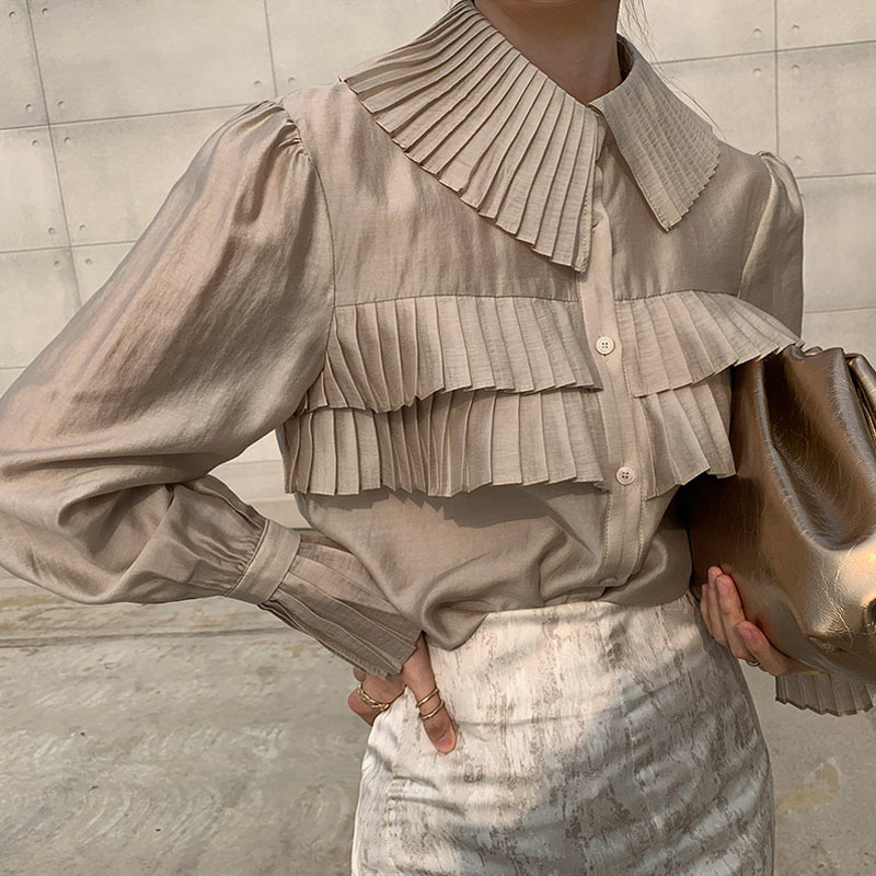 Pleated Blouse See Through Shirt Women Spring Fashion Blouses Turn-down Collar Single-breasted Loose Tops Blusas 13078 210427