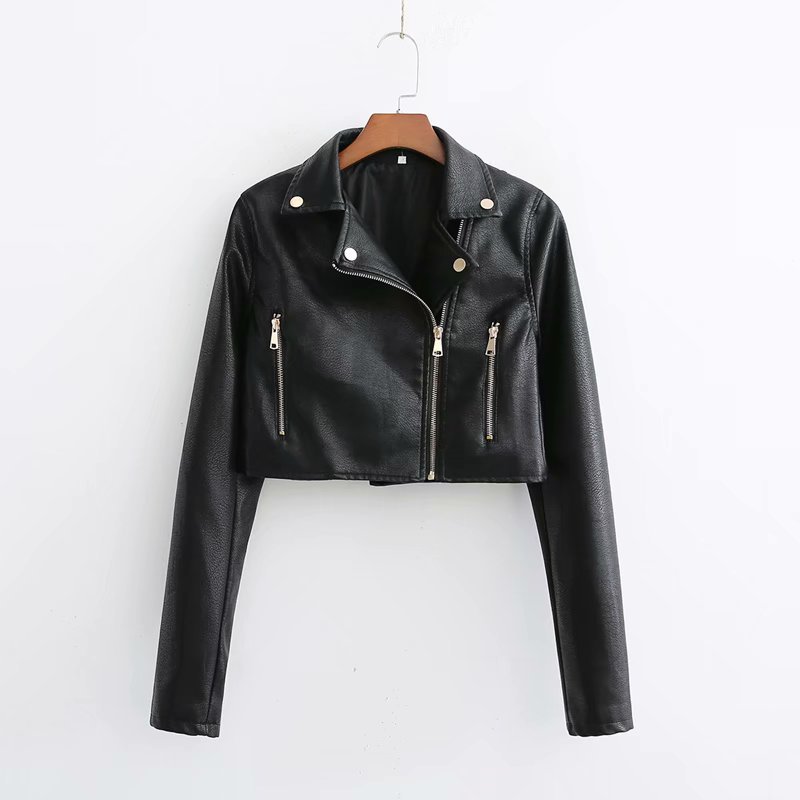 Cool Woman Black Short PU Moto Jacket Spring Autumn Fashion Ladies Zipper Leather Outerwear Girls Casual Streetwear Coats 210515