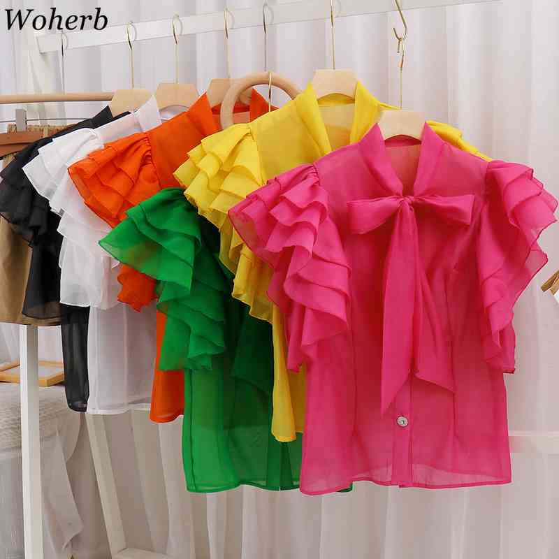 Women Blouse Ruffles Short Sleeve Shirt Office Lady Solid Summer Korean Streetwear Blusas Mujer Fashion Tops Vintage 210519