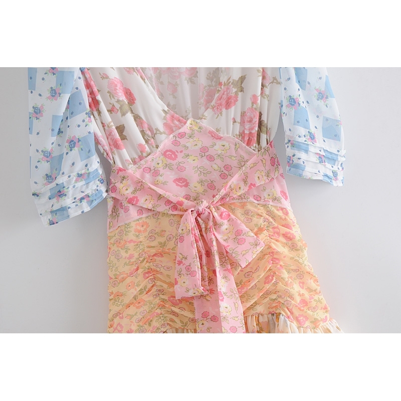 France Short Puff Sleeve Floral Print Hit Color Dress Retro Women Pleated Ruffle Tie Bow Sashes Mini Dresses Holiday 210429