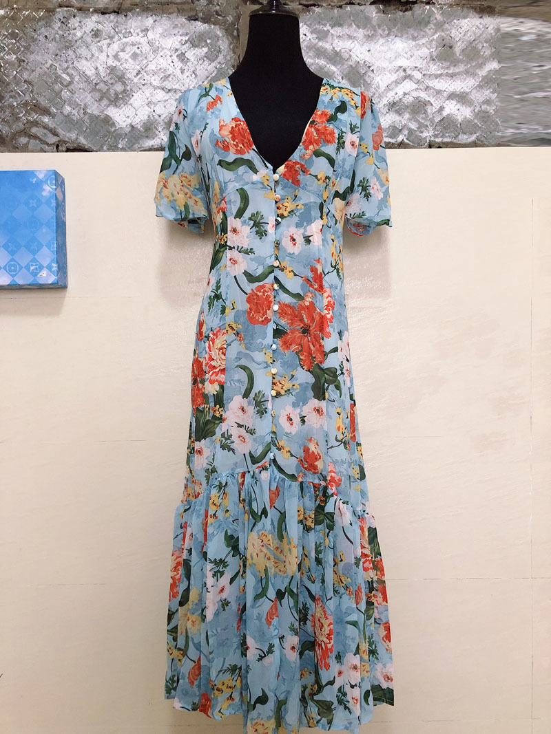 vintage chic lady flower printed blue single breasted summer fashion v-neck short sleeve beach holiday dresses women 210421