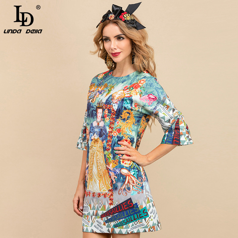 Summer Fashion Runway Elegant Party Dress Women Half Sleeve Crystal Beading Letter Print Lady Loose Mini 210522