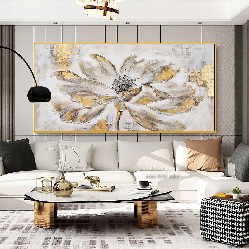 Golden Flower Abstract Home Decor Oil Painting Printed on Canvas Wall Art for Living Room Modern Posters Vintage Quadros Nordic
