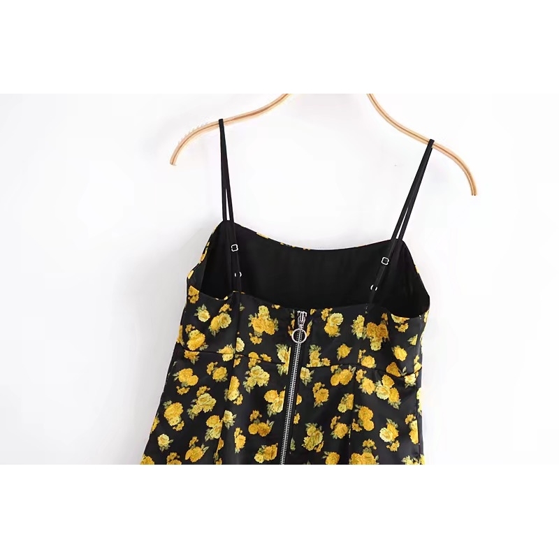 Women Sexy French Daisy Flower Spaghetti Strap Mini Dress Lady Slim fit Back Zipper Bodycon Sling Party 210429