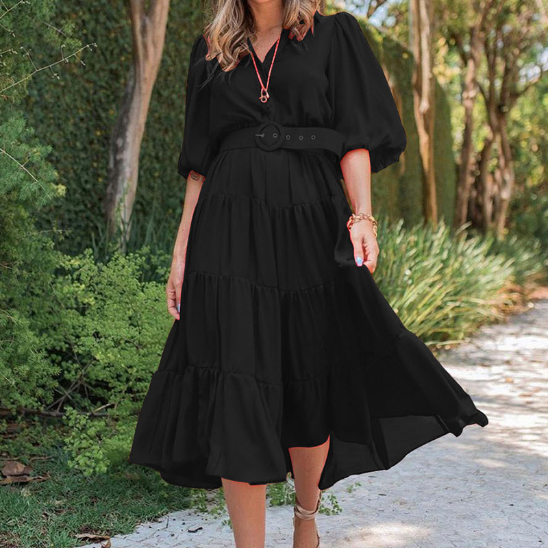 Women Dress V Neck Lantern Sleeve Bohemian es High Waist Large Hem Loose Casual Plus Size Summer Beach es 210513