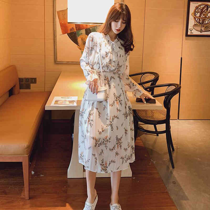 Spring Summer Women Chiffon Dresses Casual Long Sleeve Floral Print Party Dress Female Vintage Loose Pleated Dress Vestidos 210521
