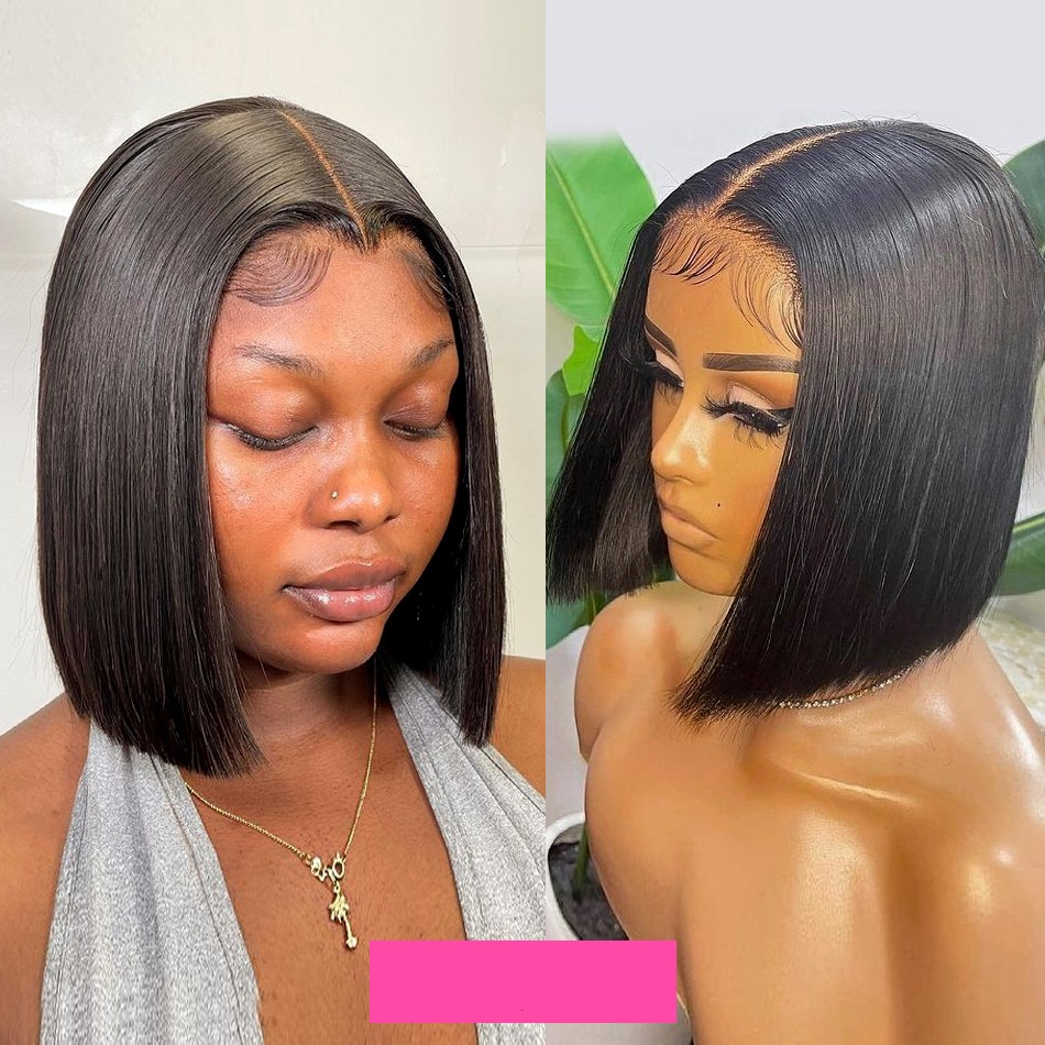 Short Bob Lace Front Brazilian Human Hair Wigs For Black Women Pre Plucked 13x4 Synthetic Straight HD Full Frontal Closure Wig