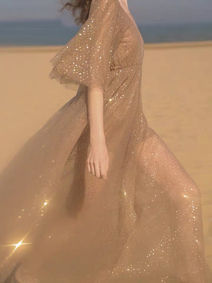 vintage sequined v-neck party A-line mesh dress short butterfly sleeve spring summer dinner dresses vestidos chic paris 210421