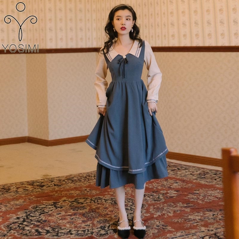 YOSIMI Long Women Dress Autumn Vintage Sailor Collar Blue Patchwork Beige Preppy Style Full Sleeve Mid-calf Dresses 210604
YOSIMI Long Women Dress Autumn Vintage Sailor Collar Blue Patchwork Beige Preppy Style Full Sleeve Mid-calf Dresses 210604