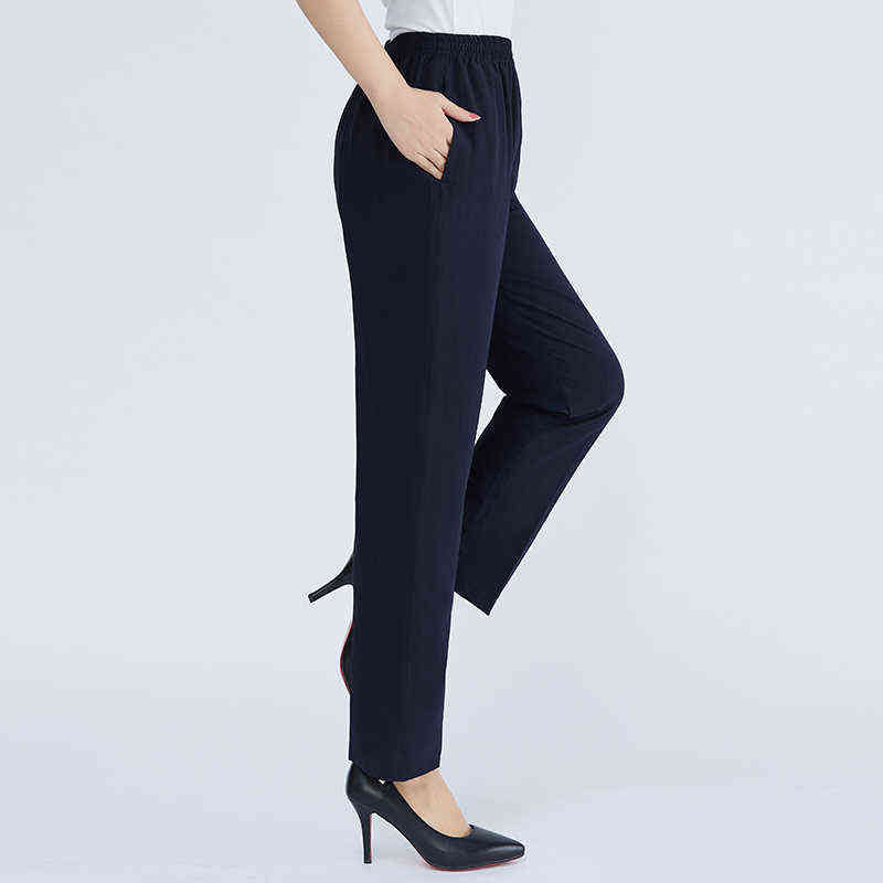 Summer Straight Pants Vintage Middle-aged Women Solid Color Thin Loose Ankle-Length Trousers Elastic Waist Casual White 211115