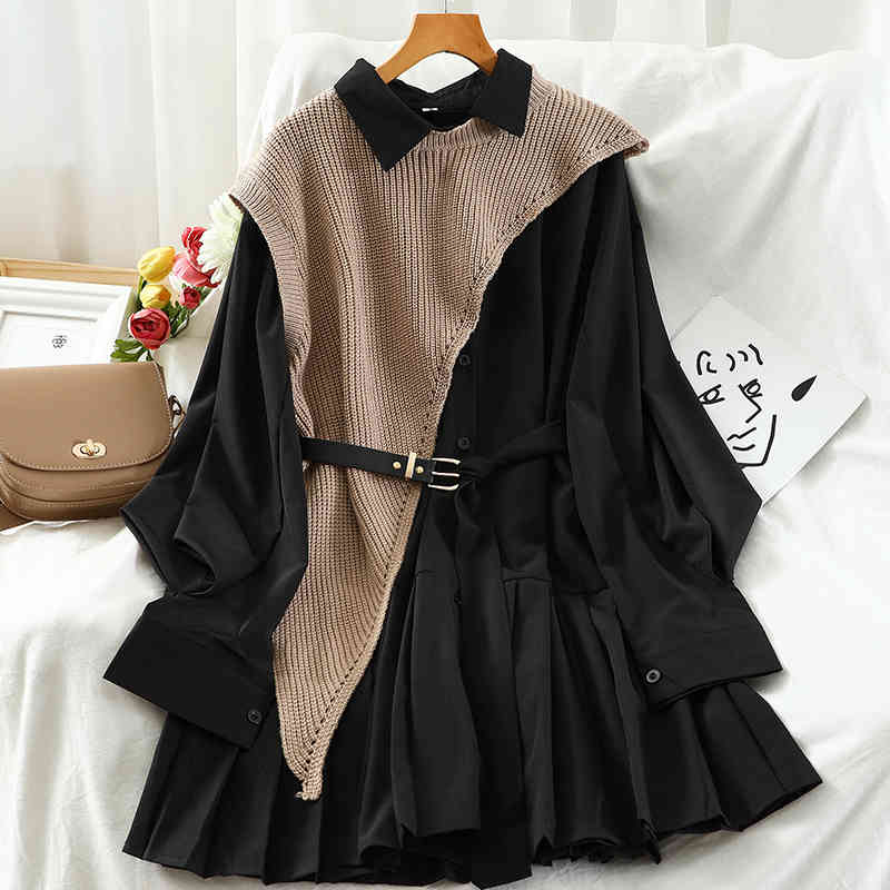 Sweet Suit Women Japan Single Breasted Turn-Down Collar Pleated Dress +Irregular Drawstring Knitted Vest Two Piece Set PL548 210409