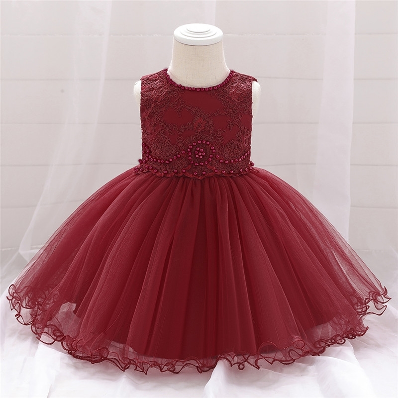 Baby Girl Dresses Party Wedding born Lace Beads Tutu Flower Infant 1 Year Birthday Princess Dress 210508