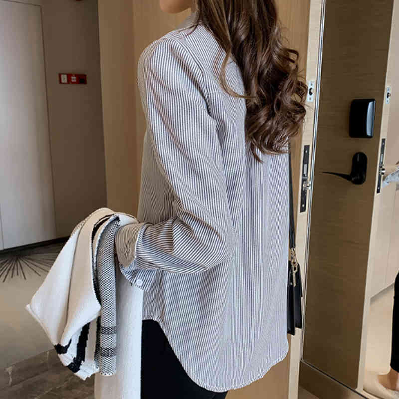 Korean Style Work Office Lady Shirt Tops Fashion Striped Women Long Sleeve Turn Down Collar Autumn Blouses 7459 50 210506