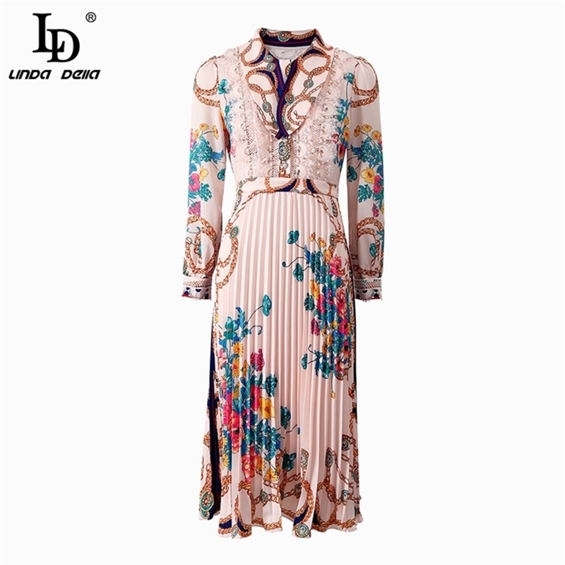 Fashion Runway Summer Women Dress Bead Floral Print Pleated Lace Elegant Slim Fit Ladies Vintage Midi Dresses 210522