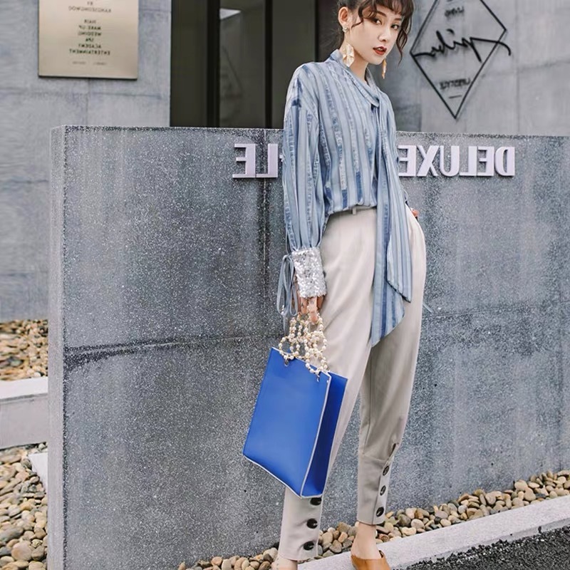 women striped big size blouse sequined long sleeve lace up bow loose pluse shirt fashion spring summer 210421