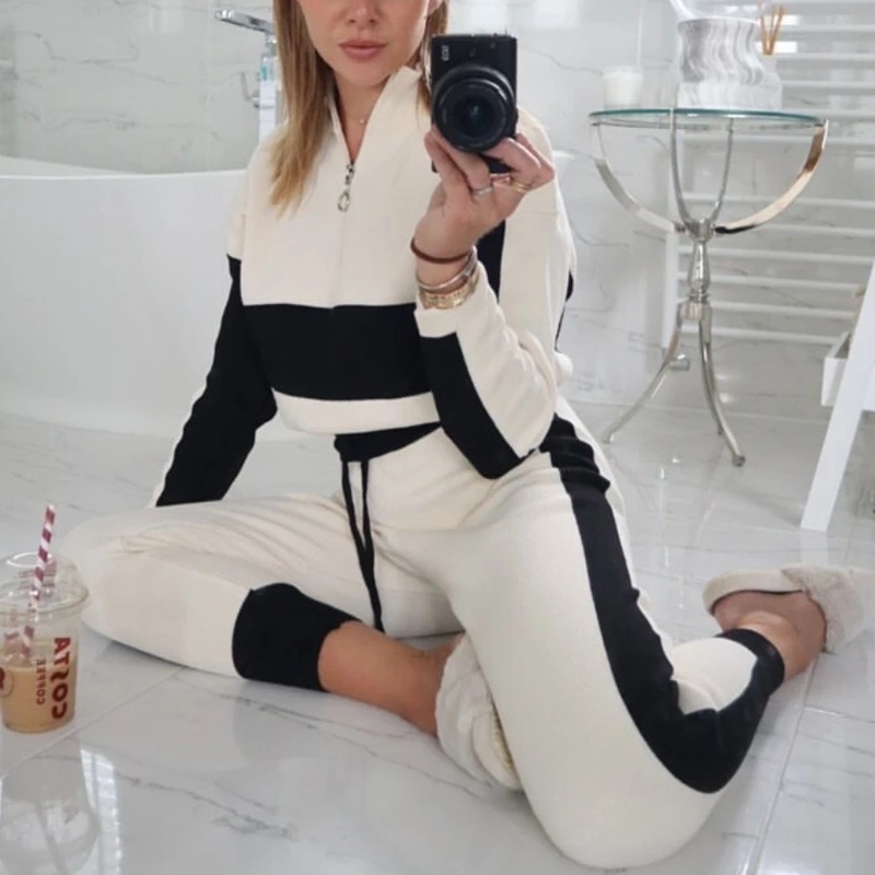 Two Piece Set Women Stitching Printed Casual Set Women Long Sleeve Zipper Tops Elastic Waist Soft Home Suit Women Clothing 210515