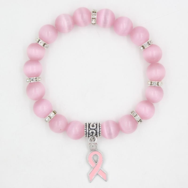 Pack Breast Cancer Awareness Jewelry White Pink Opal Beaded Bracelet Ribbon Charm BraceletsBangles Bracelets